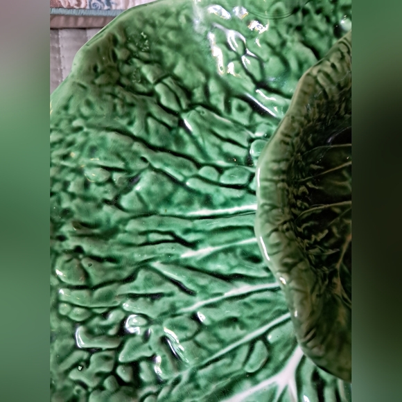 Vintage SECLA PORTUGAL Emerald Green Cabbage Serving Platter Attached Dip Bowl - Picture 12 of 15